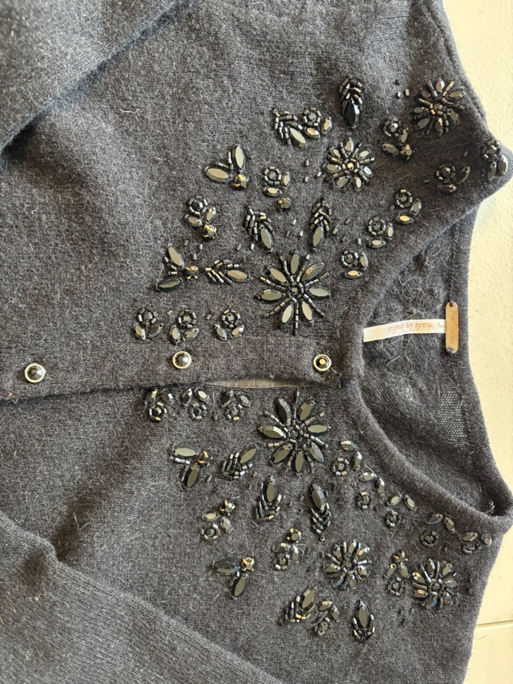Whimsigoth Black Floral Cardigan Size Small Beaded Dark Fairy Grunge Fitted Wool - Picture 5 of 11